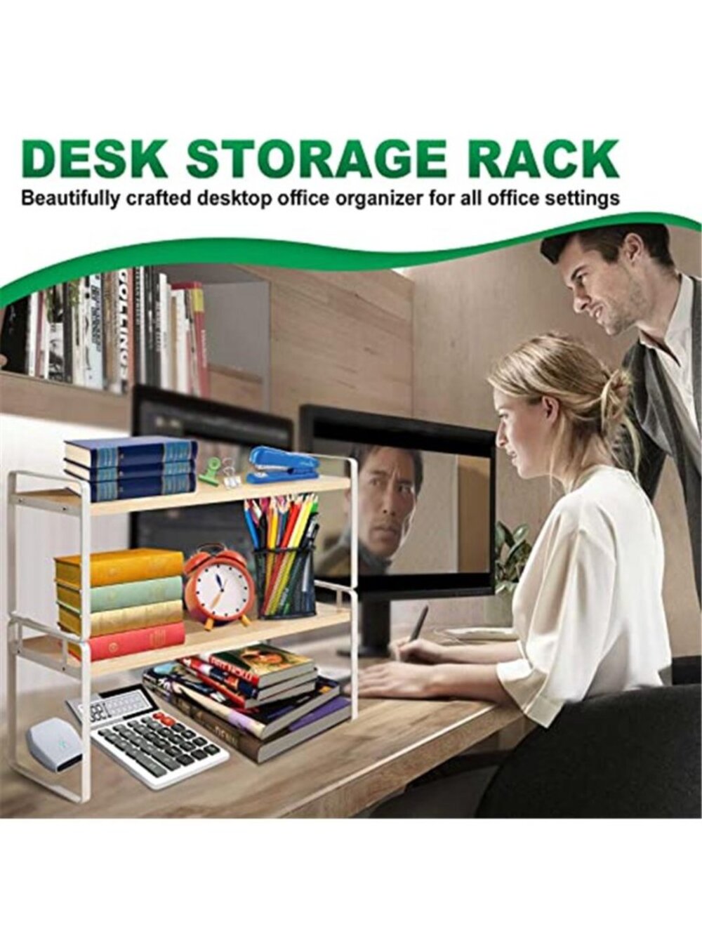 Wood Desktop Shelf Organizer 2 Tier Desk Storage Monitor Riser Office Book Rack - Picture 4 of 6